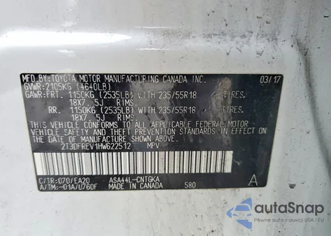 2017 Toyota Rav4 Limited z USA, uszkodzony, nr VIN 2T3DFREV1HW622512